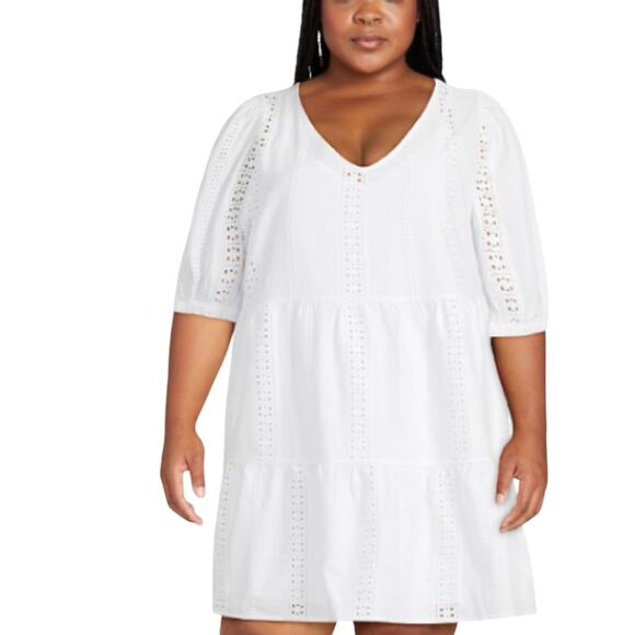 Time and Tru Tiered Eyelet Mini Babydoll Dress Size 3XL White Cotton Puff Sleeve - Picture 1 of 11